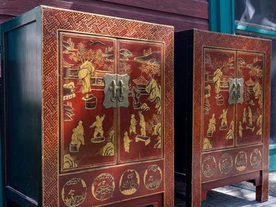 Rare Pair Antique Chinese Red Lacquer Cabinets Chinoiserie 1800s