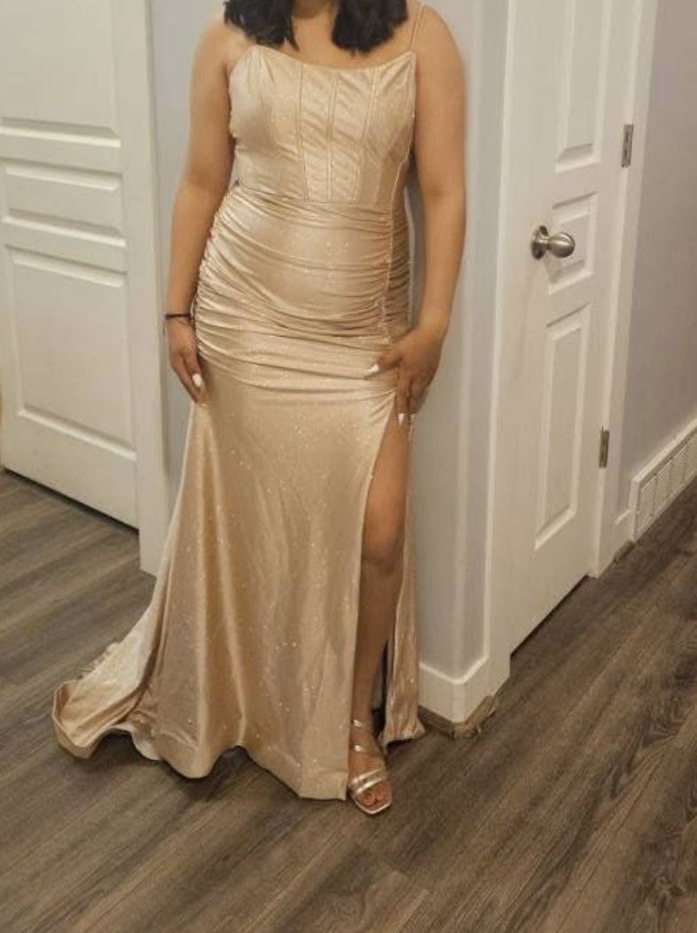 Gold Sparkle Ruched Slit Corset Prom Dress, Size XL
