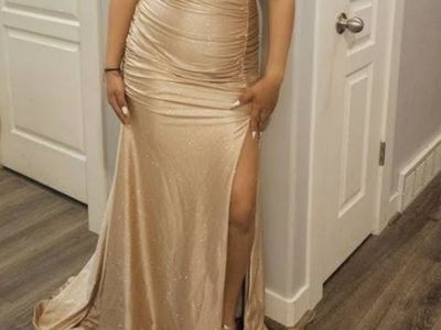 Gold Sparkle Ruched Slit Corset Prom Dress, Size XL