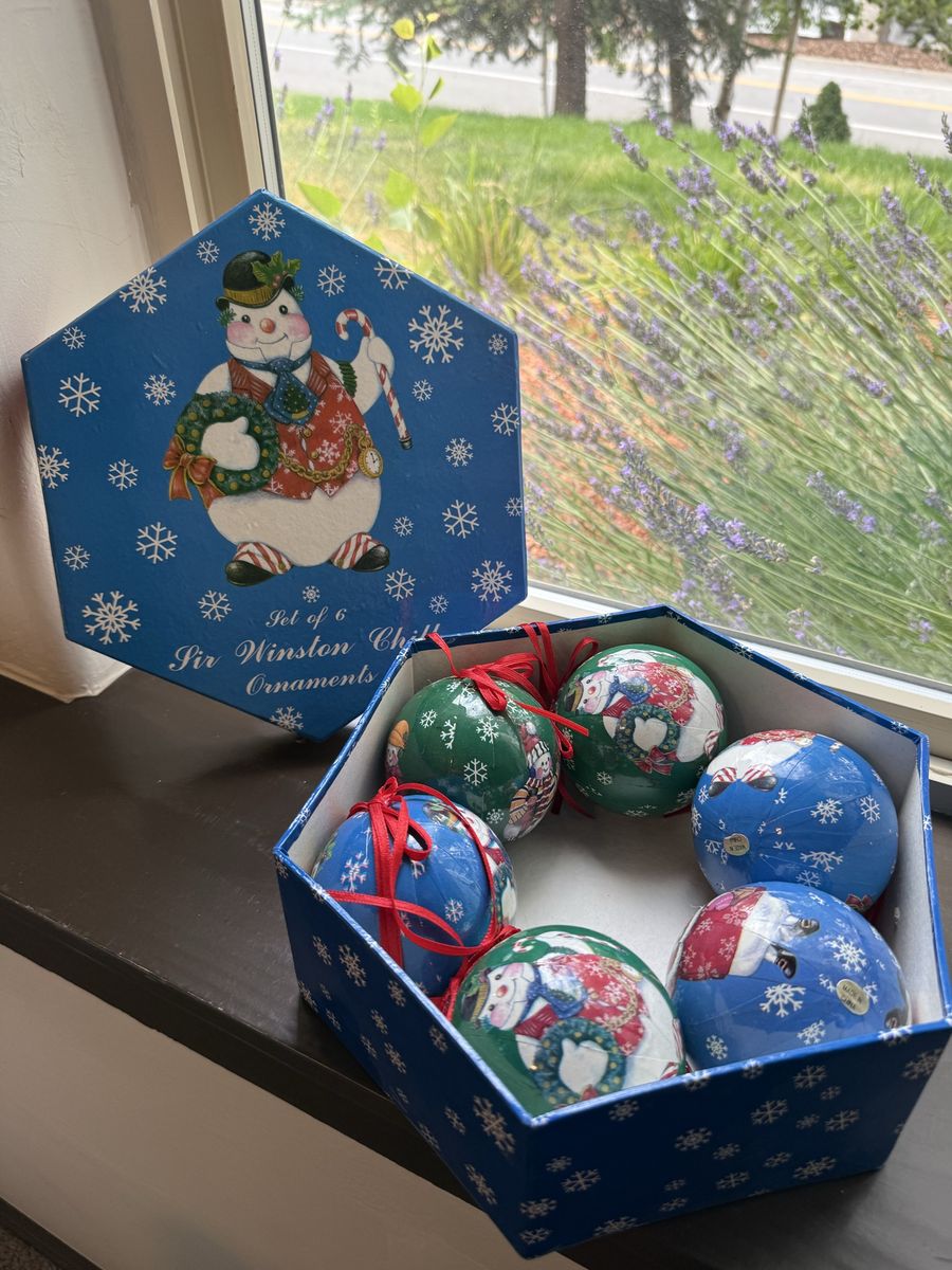 Sir Winston Christmas Ornaments - Set of 6 Snowman & Snowwoman Holiday Decorations in original decorative box