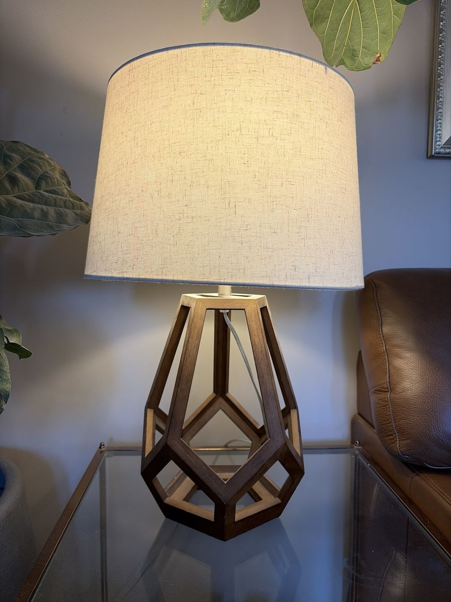 Geometric Wood Base Table Lamp with Linen Shade - Modern Accent Lighting