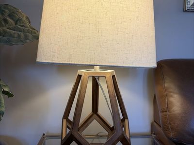 Geometric Wood Base Table Lamp with Linen Shade - Modern Accent Lighting