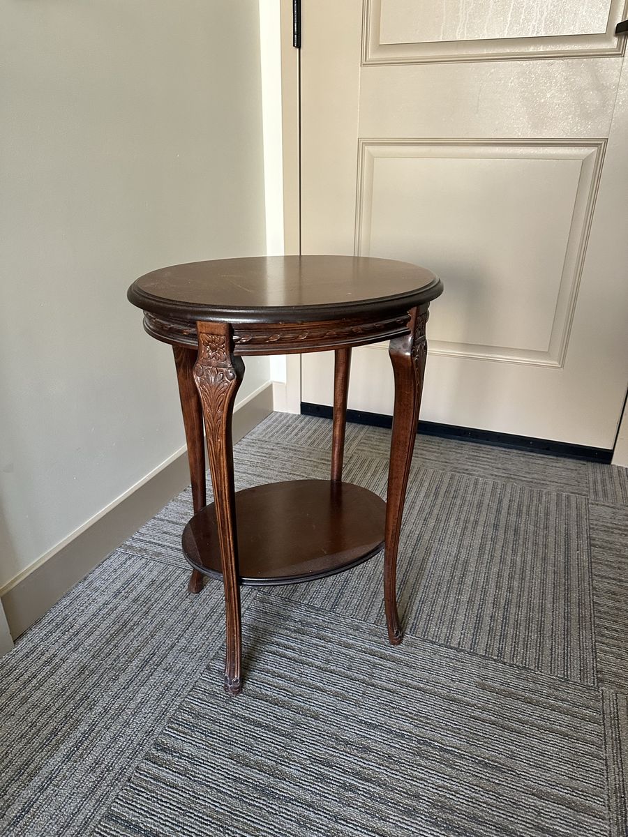 Vintage Wooden Oval Accent Table with Lower Shelf and Carved Details