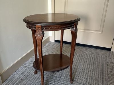 Vintage Wooden Oval Accent Table with Lower Shelf and Carved Details