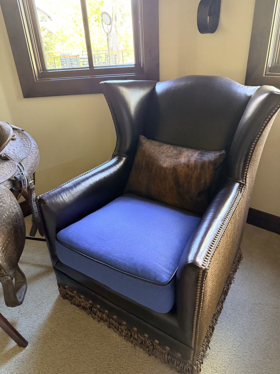 Two (2) King Hickory Wingback Leather Armchairs with Nailhead Trim & Woven Sides, Blue Cushion, Fringe Skirt-- Made in USA