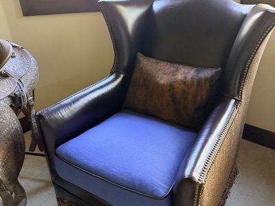 Two (2) King Hickory Wingback Leather Armchairs with Nailhead Trim & Woven Sides, Blue Cushion, Fringe Skirt-- Made in USA