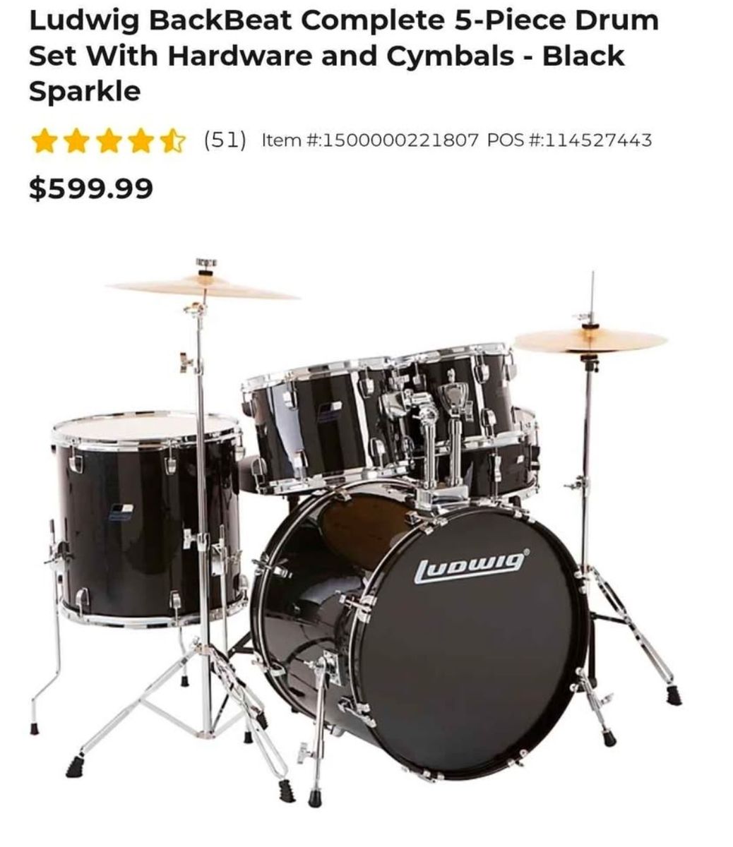 Ludwig BackBeat Complete 5-Piece Drum Set With Hardware and Cymbals - Black Sparkle