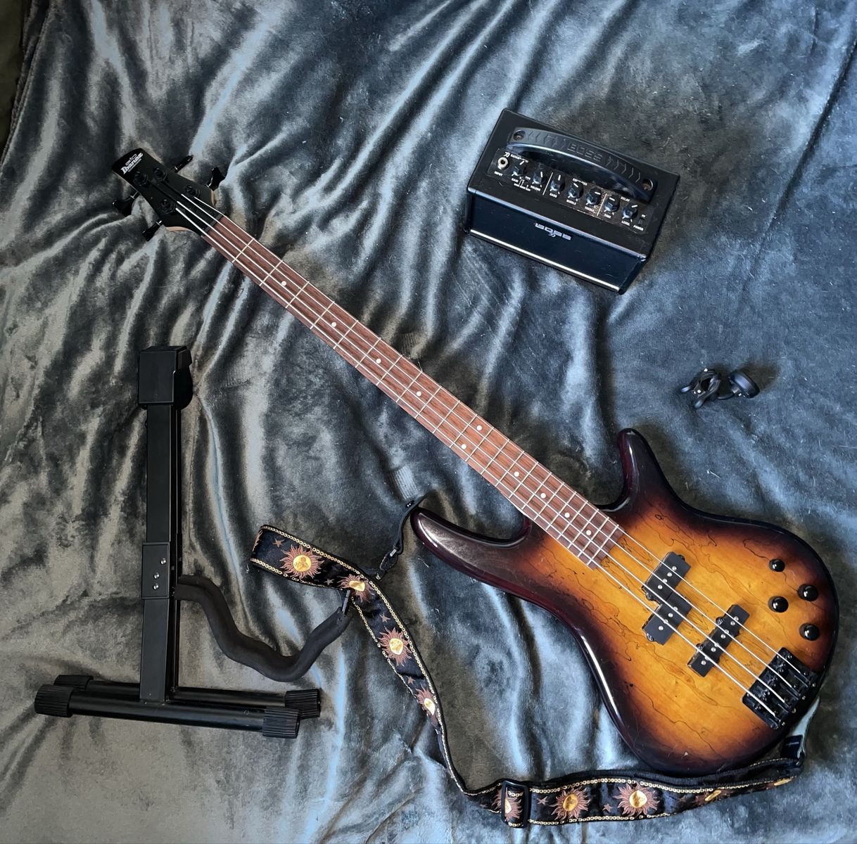 Bass Guitar, Stand, Amp, Tuner