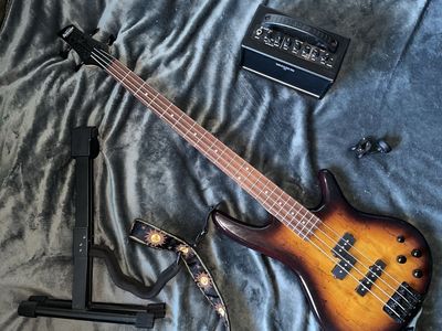 Bass Guitar, Stand, Amp, Tuner