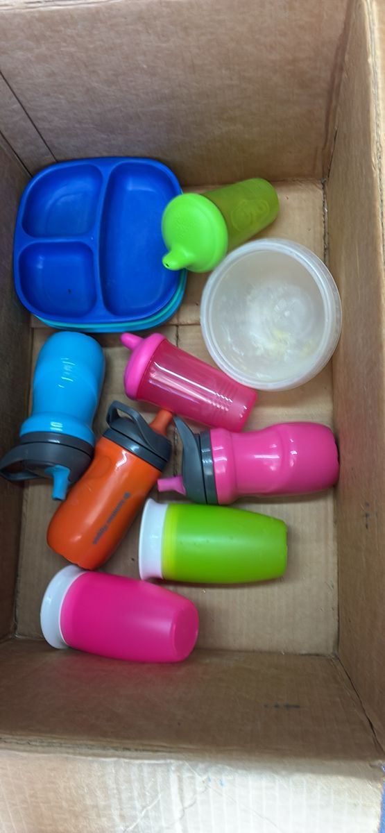 Mixed Lot Baby/Toddler Feeding Supplies: Plates, Sippy Cups, Bottles - Assorted Colors
