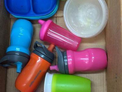 Mixed Lot Baby/Toddler Feeding Supplies: Plates, Sippy Cups, Bottles - Assorted Colors