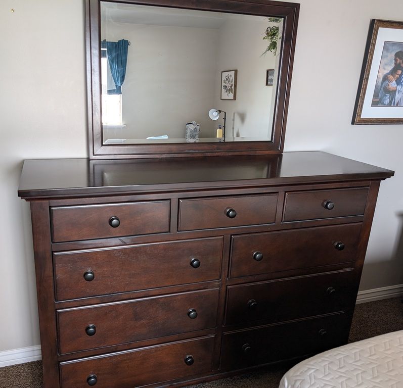 Used solid wood dresser with mirror and 2 night stands