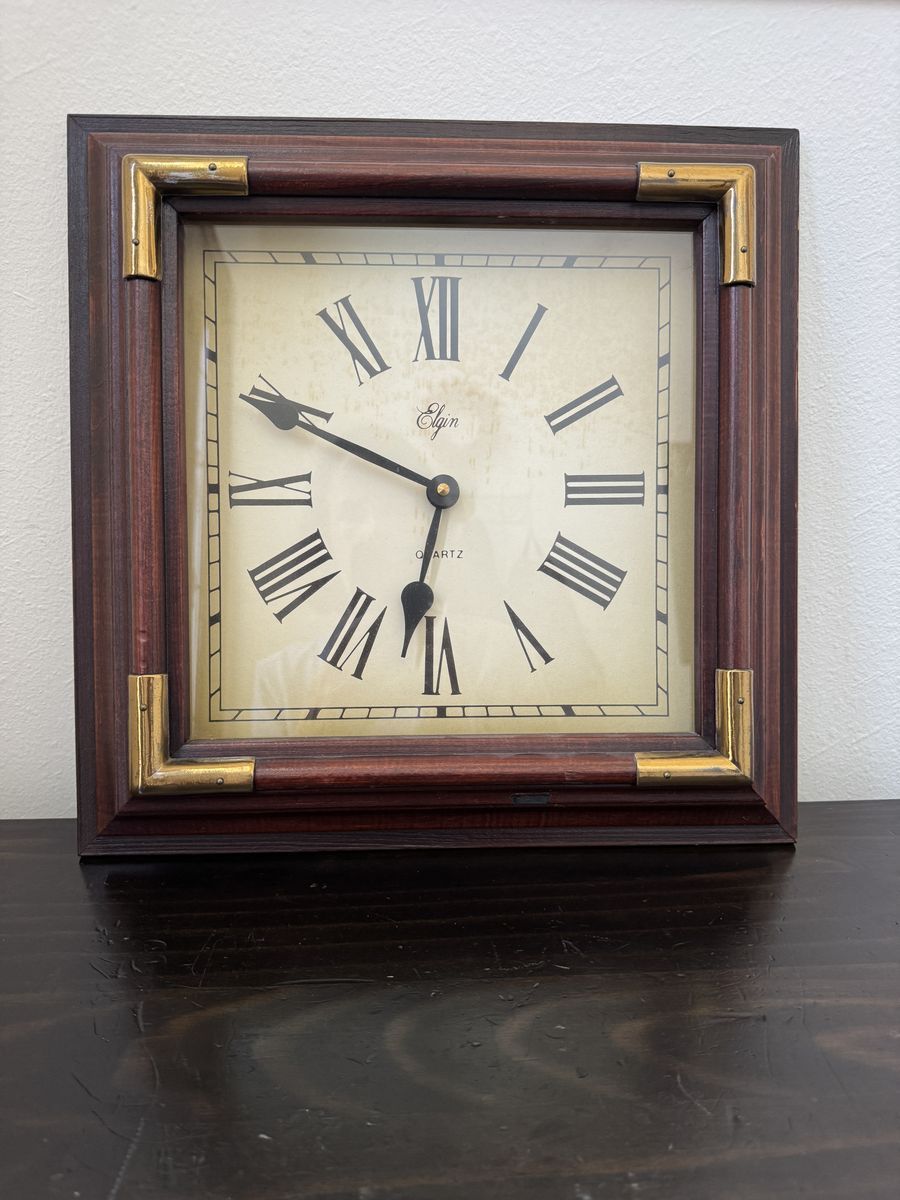 Vintage Elgin Quartz Wall Clock Wood and Brass Frame