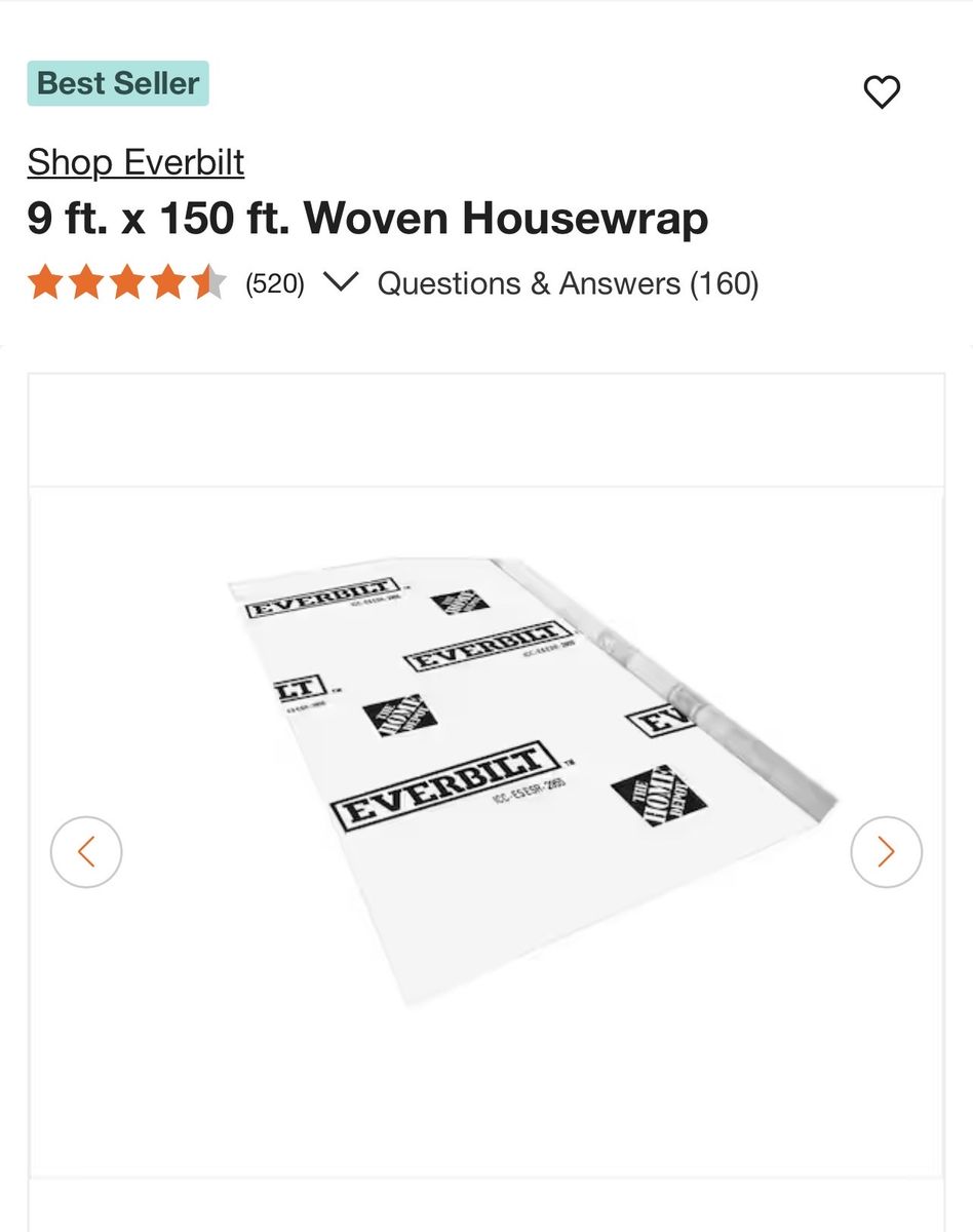 Everbilt 9 ft. x 120’ ft. Woven Housewrap - Weather Resistant, Home Depot Best Seller