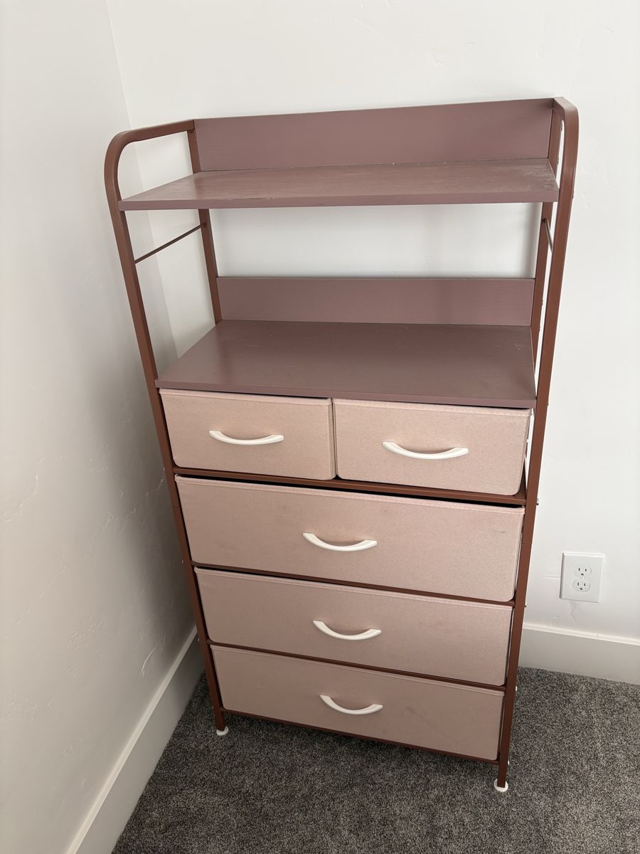 Pink/Brown Storage Dresser with Fabric Drawers & Shelves