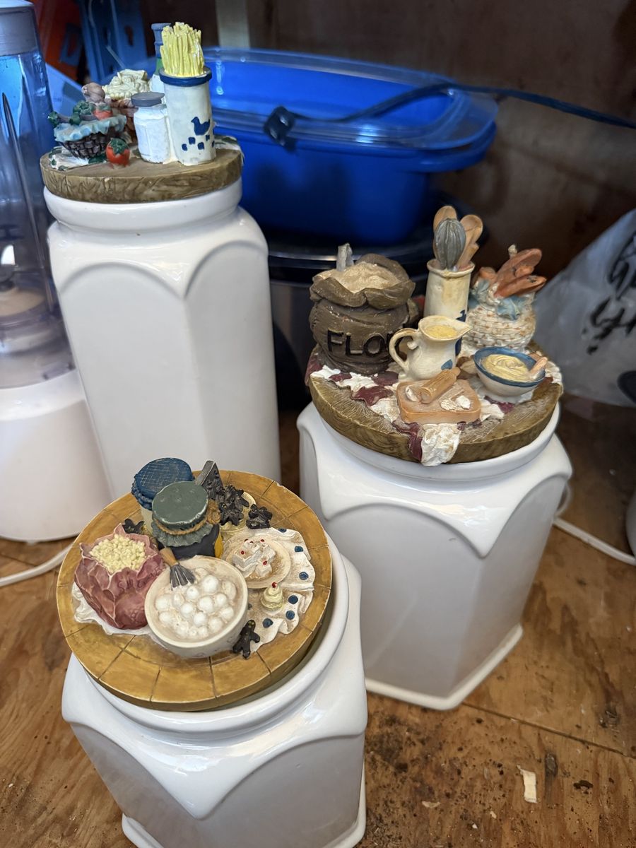 Vintage Ceramic Kitchen Canister Set of 3 with Detailed Baking-Themed 3D Lids
