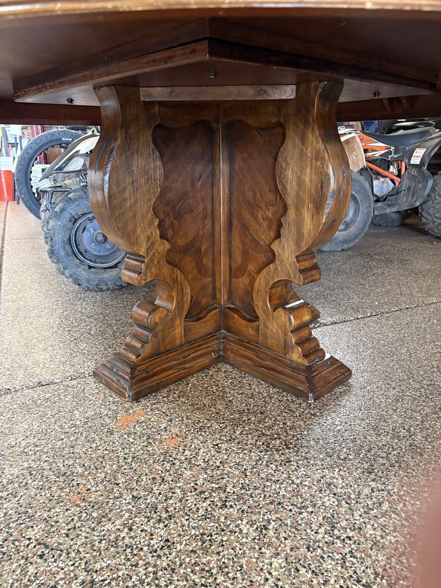 Round Wood Dining Table with Carved Pedestal Base