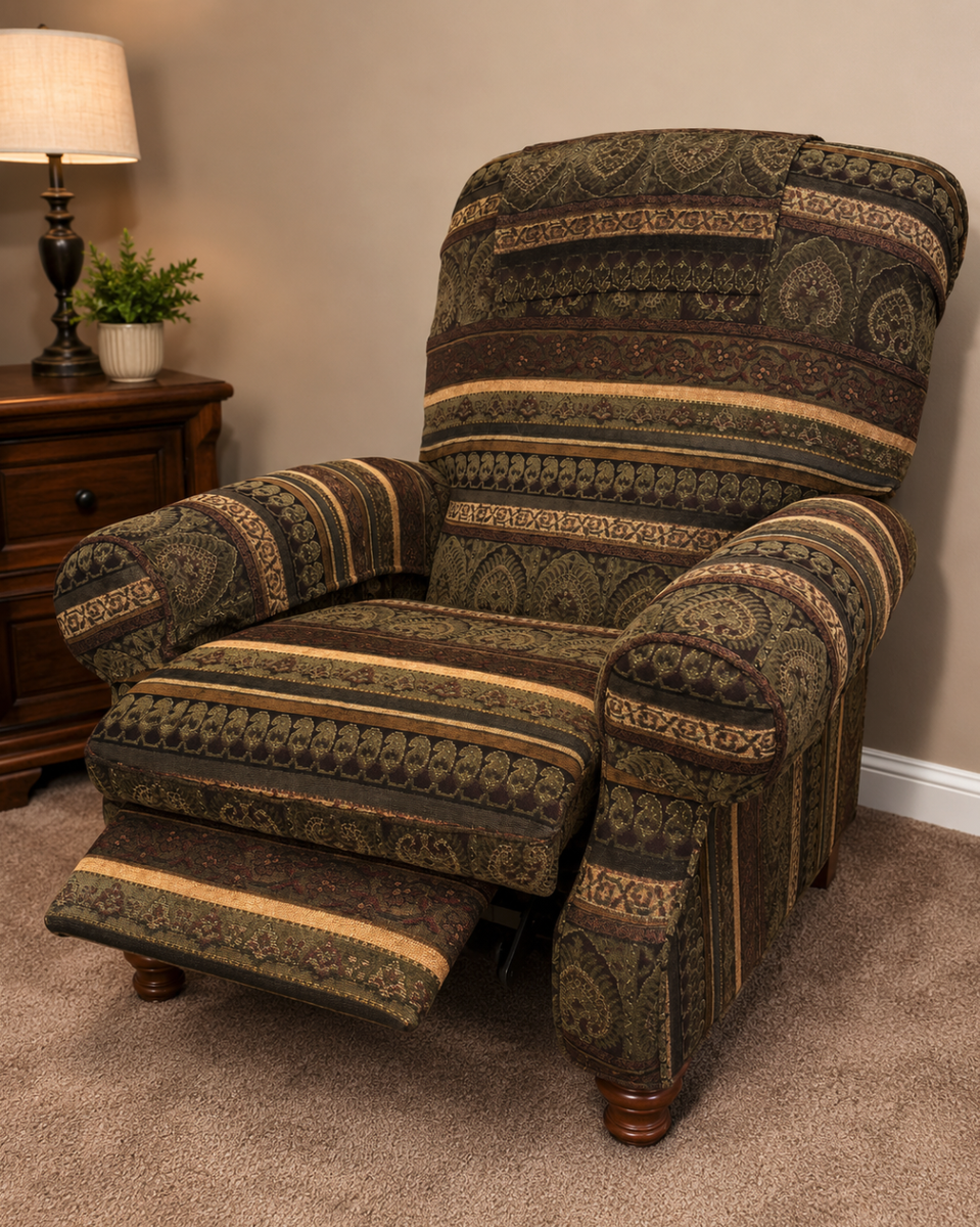Oversized Traditional Recliner Chair | Paisley Upholstery | Wood Feet | Comfortable Accent Chair