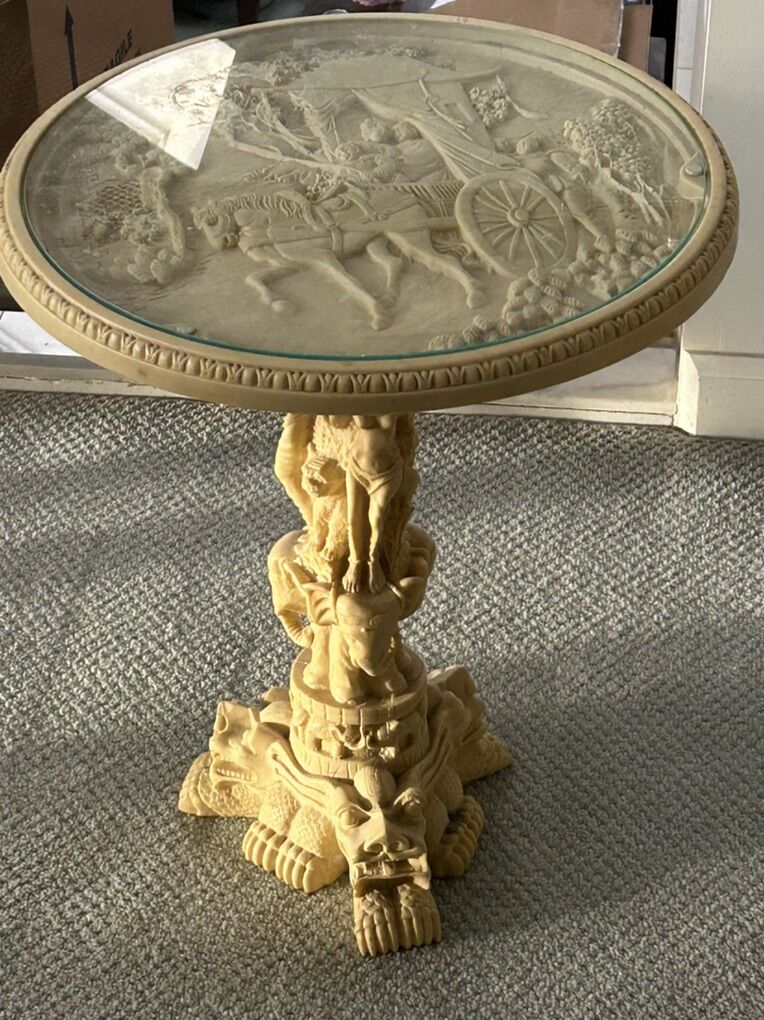 Vintage Carved Resin Table With Glass Top