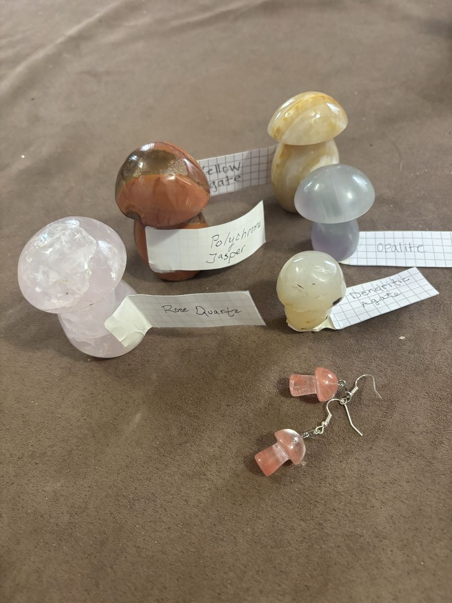 Assorted Crystal Mushroom Carvings & Rose Quartz Mushroom Earrings - Natural Gemstone Decor & Jewelry