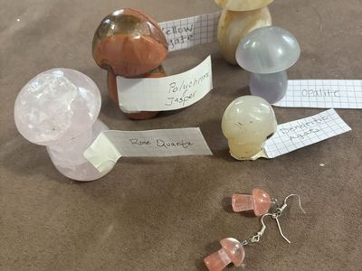 Assorted Crystal Mushroom Carvings & Rose Quartz Mushroom Earrings - Natural Gemstone Decor & Jewelry