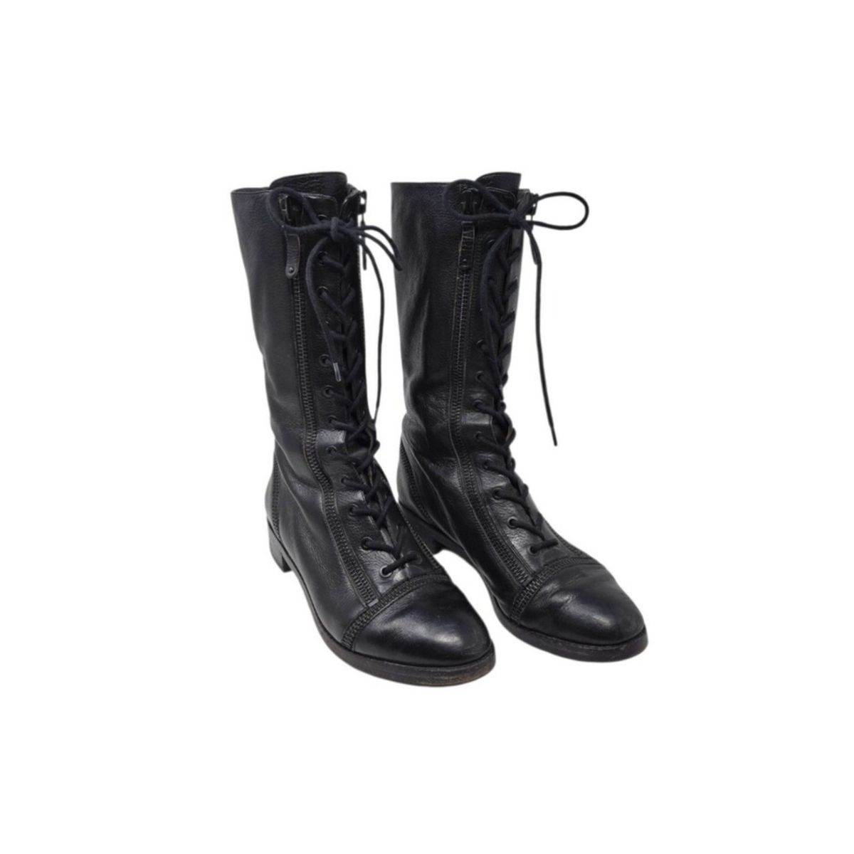 Via Spiga Gwendolyn Cap Toe Zipper Lace Up Tall Combat Boot Black 10