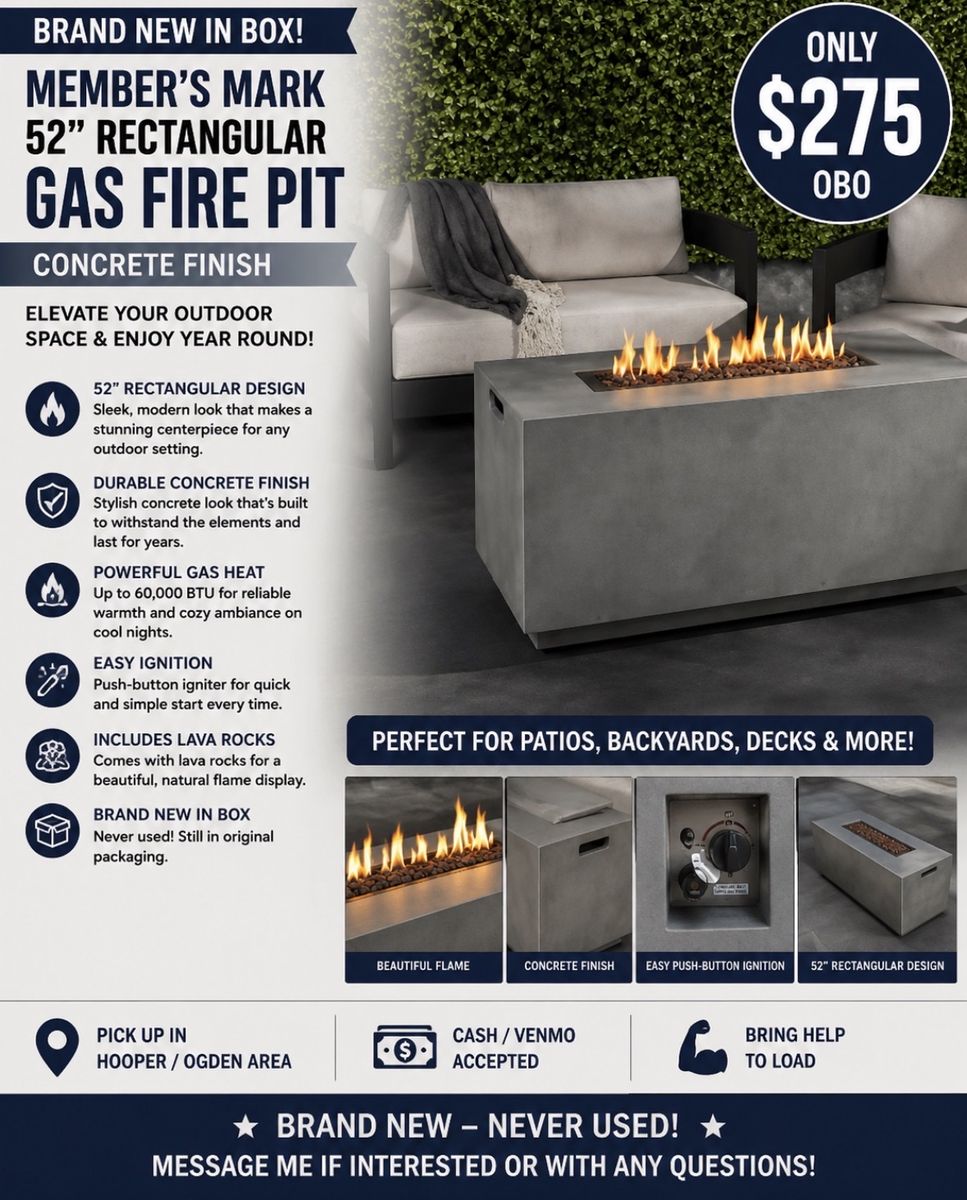 Member's Mark 52" Rectangular Gas Fire Pit - Concrete Finish, 60,000 BTU, New In Box