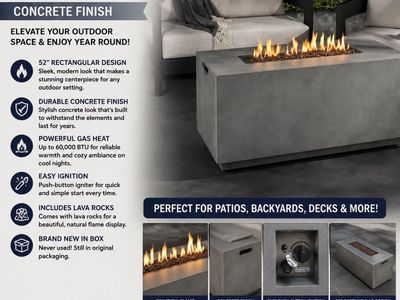 Member's Mark 52" Rectangular Gas Fire Pit - Concrete Finish, 60,000 BTU, New In Box