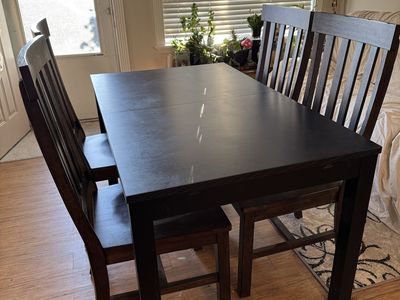 Black Expandable Dining Table with 4 Chairs - Modern Dark Wood Finish