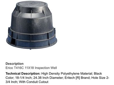 Erico T416C 11x18 High-Density Polyethylene Black Inspection Well with Conduit Cutout