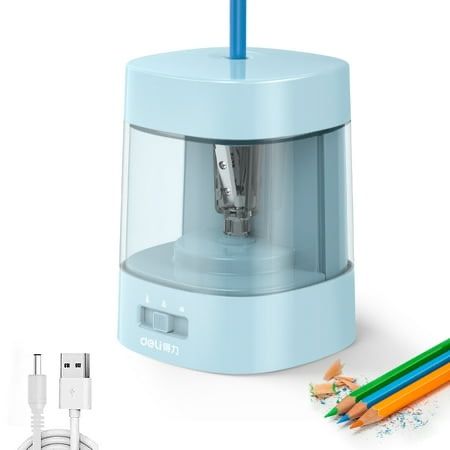 Deli USB Electric Pencil Sharpener - 3 Sharpening Settings, Rechargeable, Blue