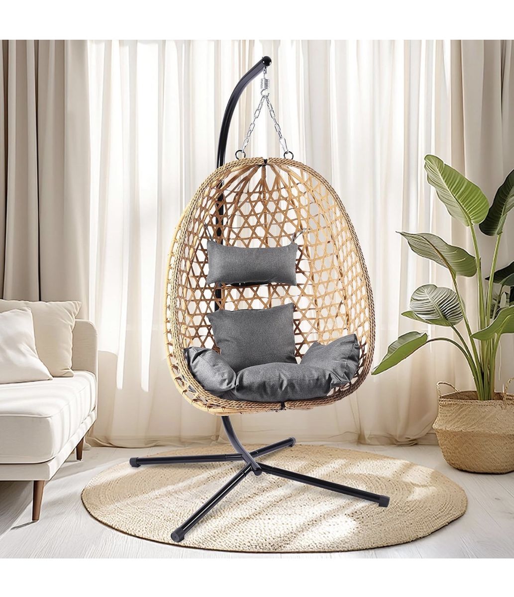 Egg Chair with Stand, Patio Wicker Hanging Chair, Hammock Swing Chair, 350LBS