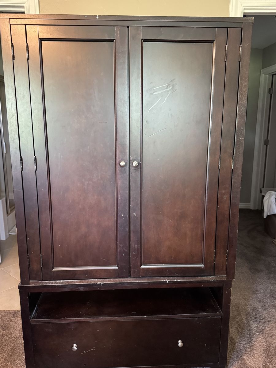 Dark Brown Wood Armoire Wardrobe with 2 Doors & Drawer - Storage Cabinet
