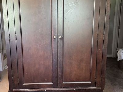 Dark Brown Wood Armoire Wardrobe with 2 Doors & Drawer - Storage Cabinet