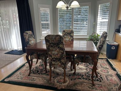 Classic Wood Dining Table & 4 Upholstered Floral Chairs - Traditional Set