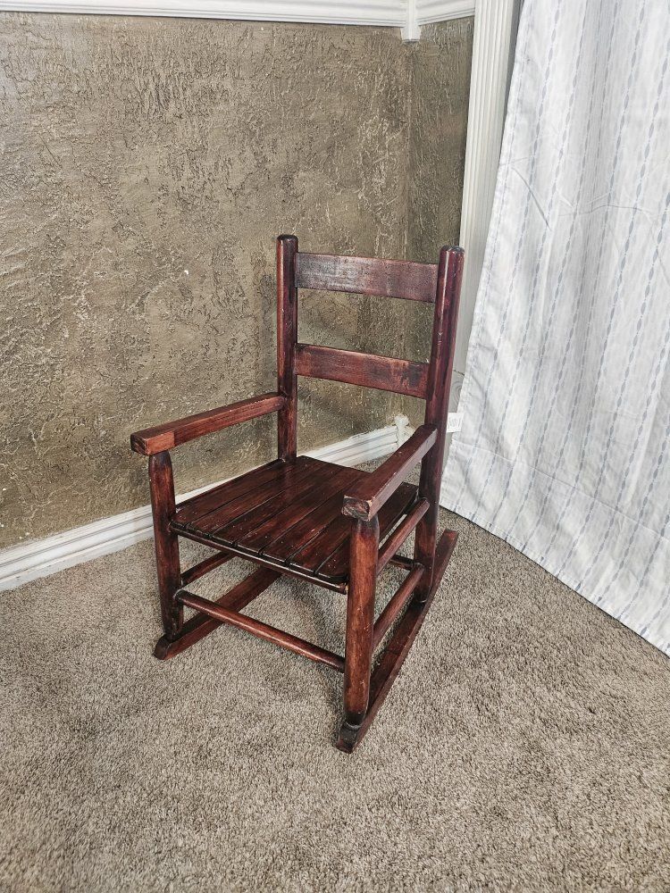 Vintage Childrens Wooden Rocking Chair Dark Wood Finish