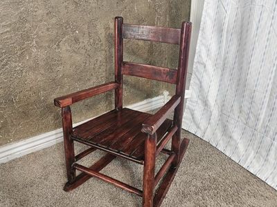 Vintage Childrens Wooden Rocking Chair Dark Wood Finish