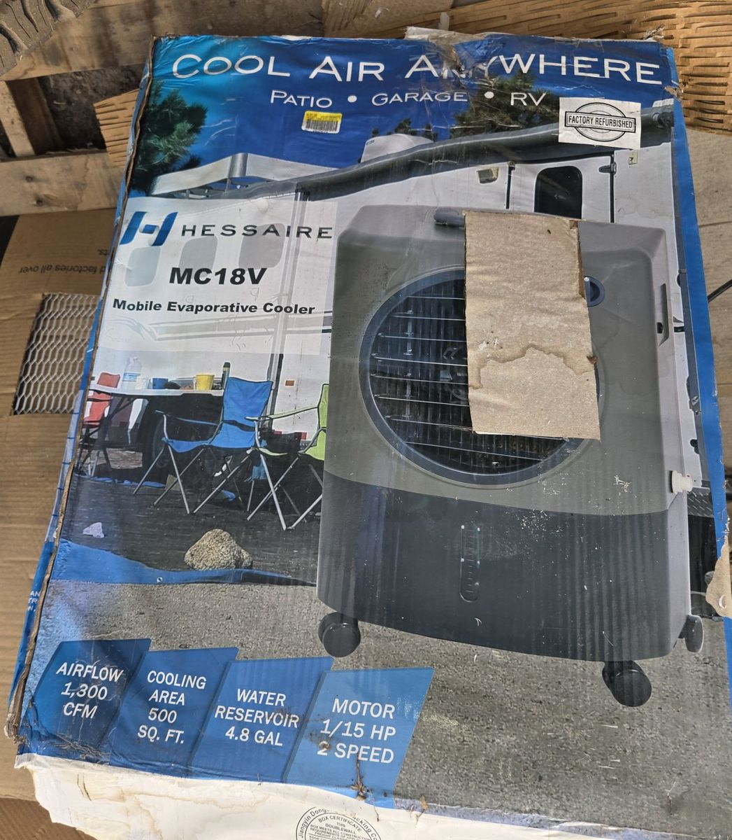 Hessaire MC18M 1300 CFM Evaporative Air Cooler with 2-Speed Fan, 500 sq ft Coverage, White/Grey