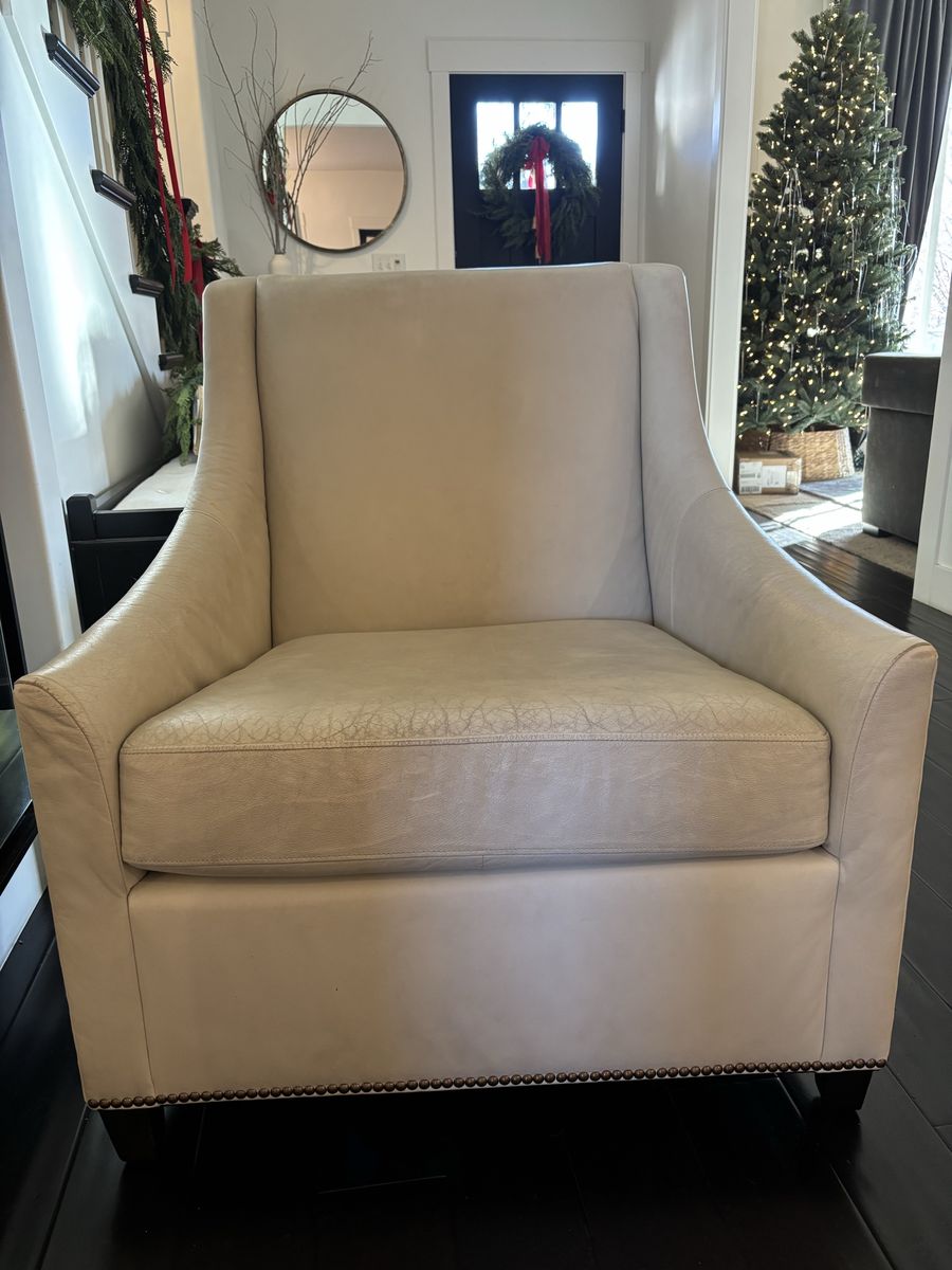West Elm Off-White Leather Armchair with Nailhead Trim