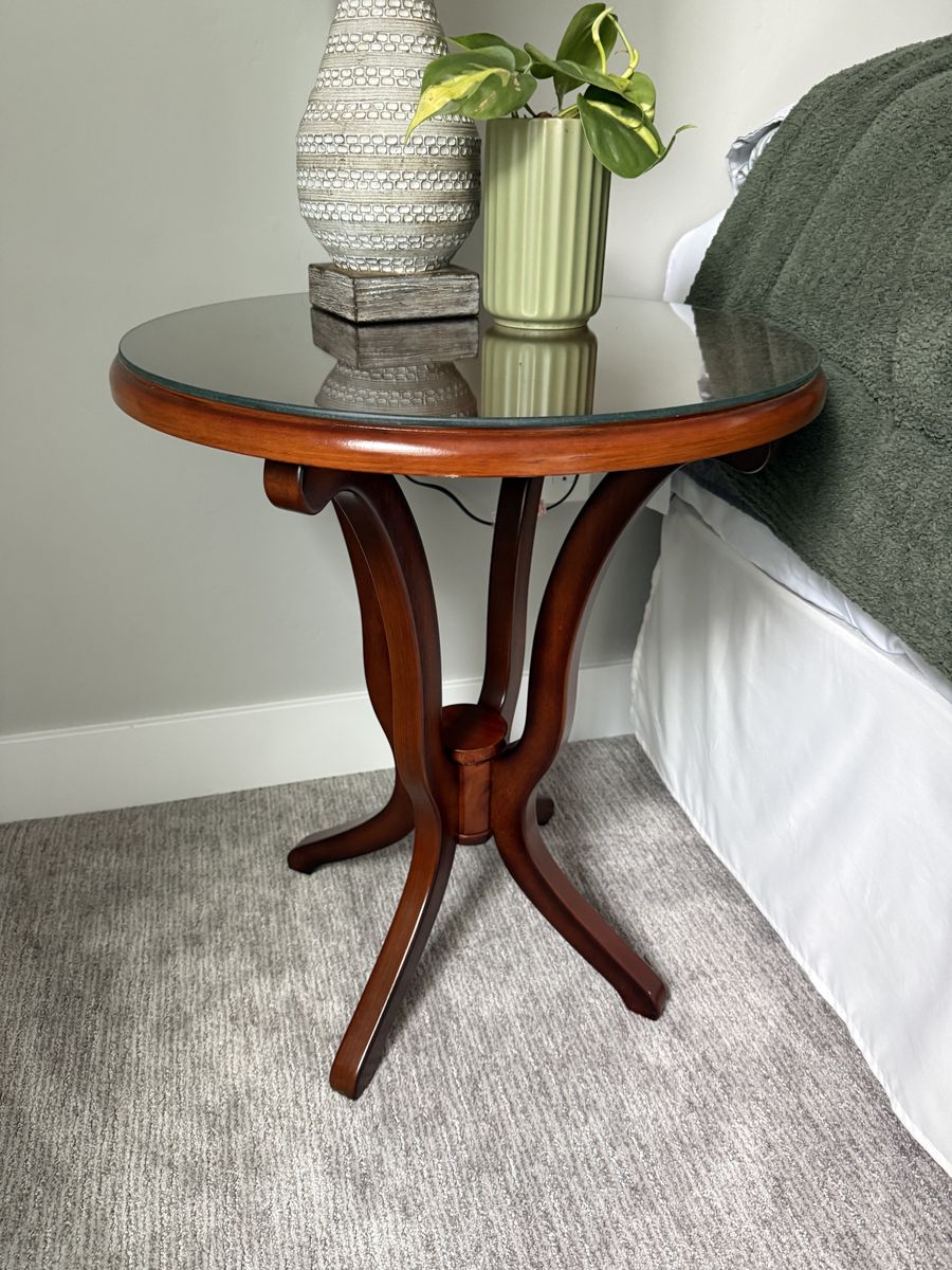 Wood nightstand with protective glass cover