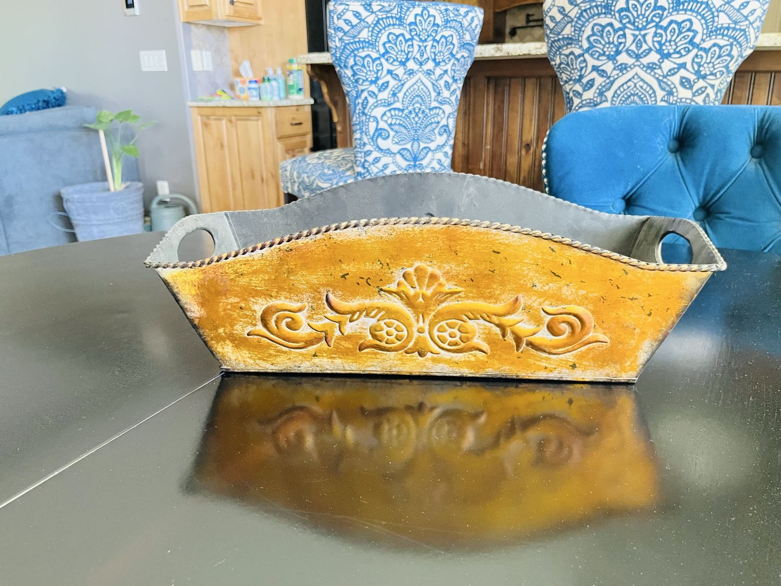 Ornate Rustic Gold & Black Metal Decorative Basket/Planter centerpiece with Embossed Design