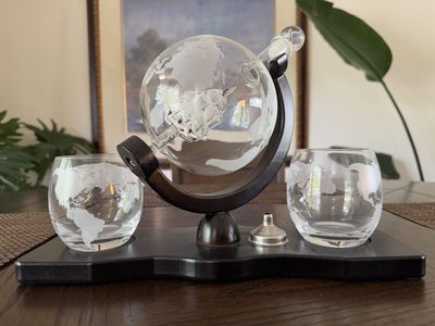 Etched Globe Whiskey Decanter Set with Wooden Stand and Matching Glasses