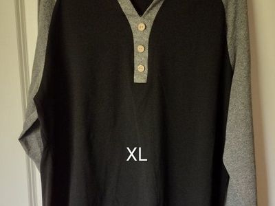 Unbranded Men's XL Black & Gray Raglan Long Sleeve Henley Shirt with Button Placket