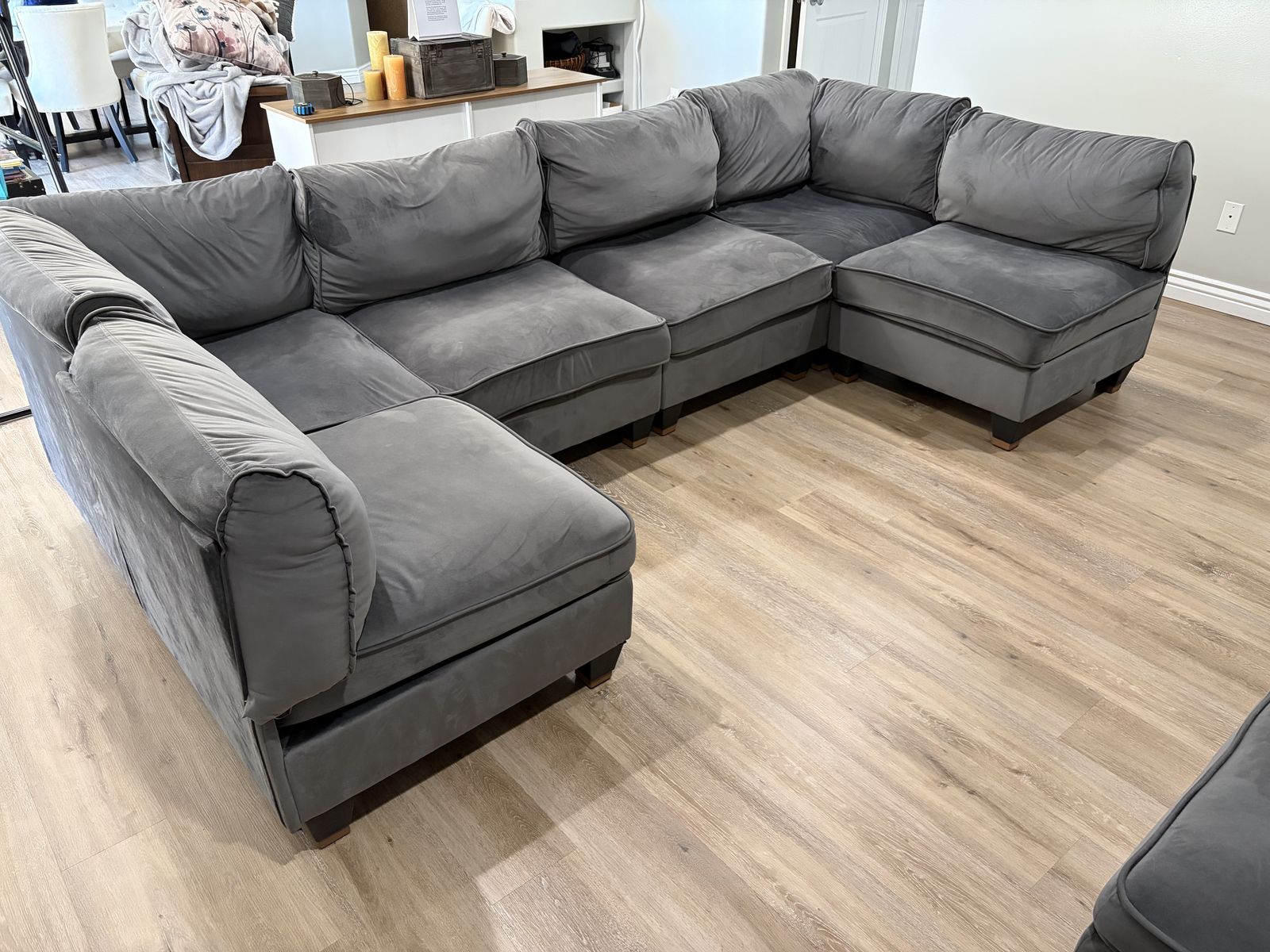Gray Fabric Sectional Sofa with 2 Possible Ottomans - Modular Design