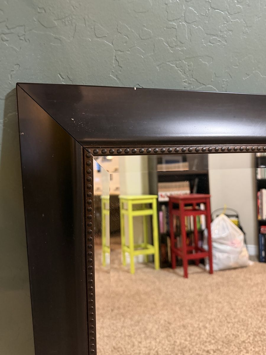 Large Dark Brown Framed Wall Mirror with Beaded Trim Detail