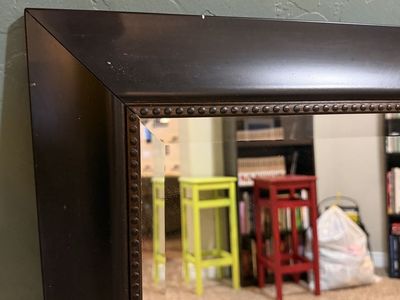 Large Dark Brown Framed Wall Mirror with Beaded Trim Detail