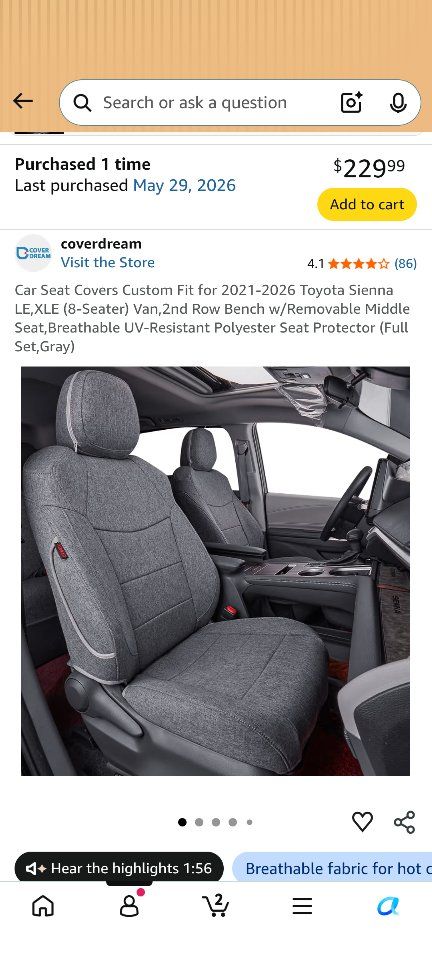Front seat covers for 2021-26 Toyota Sienna - grey