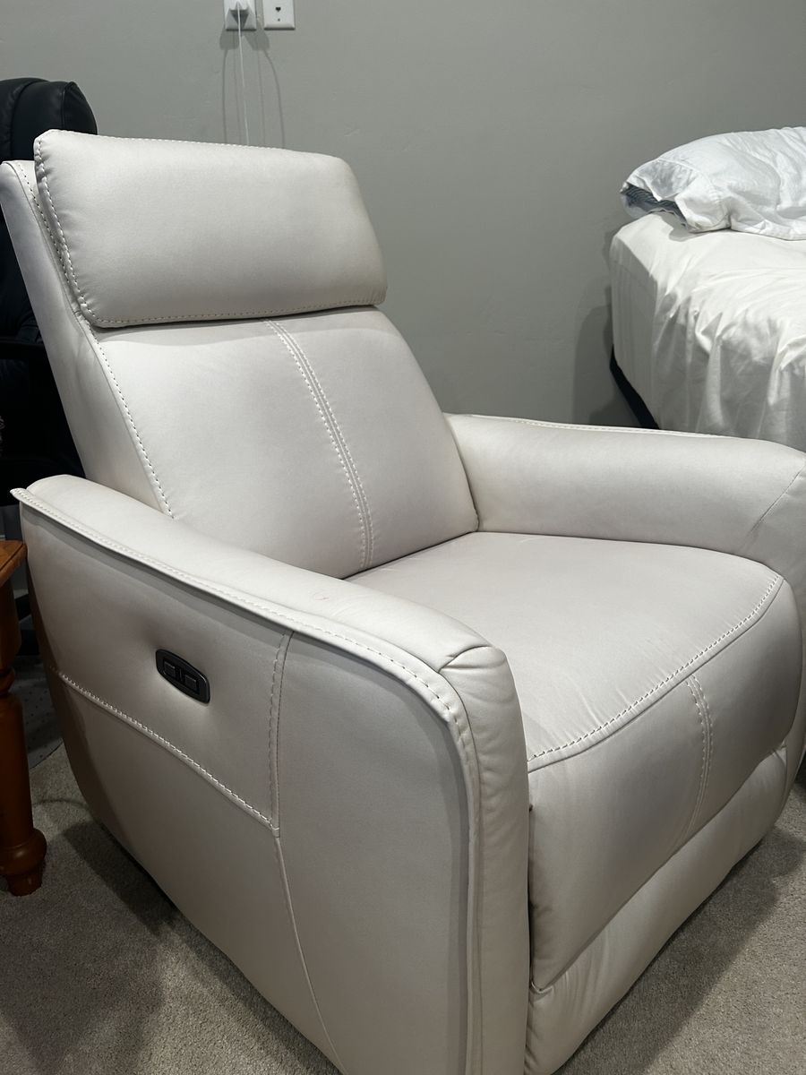 Luxurious Power Recliner and Rocking Chair- Light Grey/Cream Faux Leather, Excellent Condition