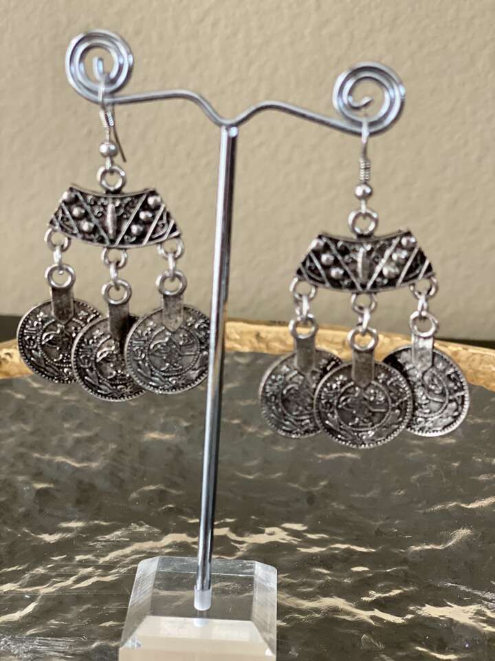 NEW! Awesome Antique Silver Coin Earrings- Boho Design and super fun! See All Photos