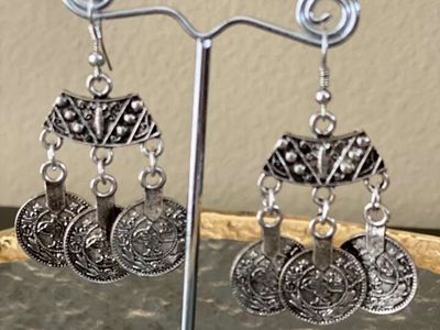 NEW! Awesome Antique Silver Coin Earrings- Boho Design and super fun! See All Photos